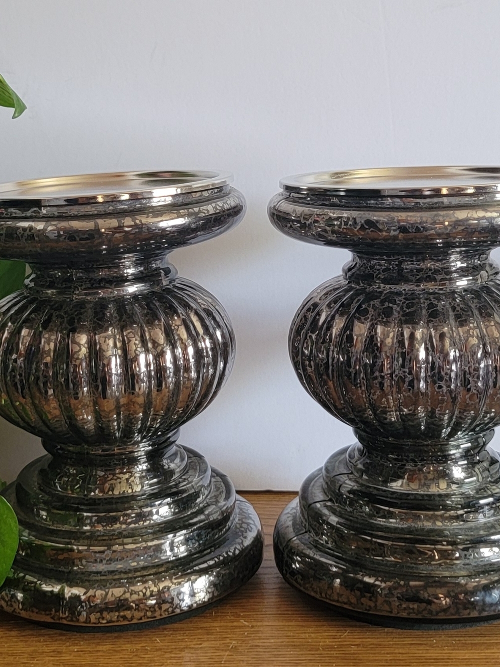 Reflective Ribbed Mercury Glass Pedestal Vases - Silver (Set of 2)